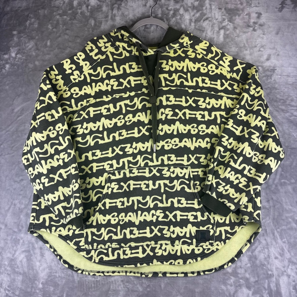 Savage X Fenty Hoodie Womens Medium Green Graffiti Logo Oversized (1610)